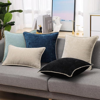 decorUhome Spring Chenille Soft Throw Pillow Covers 18x18 Set of 2, Farmhouse Velvet Neutral Decorative Pillow Covers with Stitched Edge for Couch Sofa Bed Home Decor, Poseidon