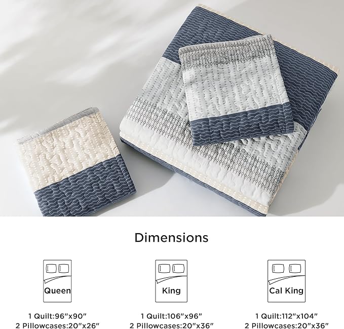 Litanika Quilt King Size Blue and Yellow, Stripe Patchwork Summer Bedspread Coverlet 3 Pieces, Soft Lightweight Microfiber Quilted Bedding Set for All Season(1 Quilt, 2 Pillowcases)
