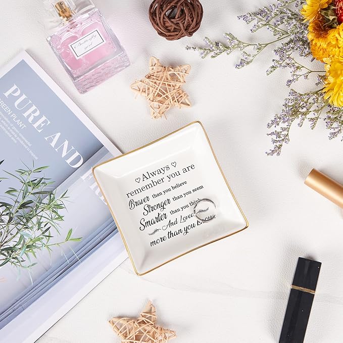 Inspirational Gifts for Women Trinket Dish with Positive Quotes - Always Remember You are Braver Stronger Smarter Than You Think, Motivational Gifts for Women Encouragement Cheer Up Gift