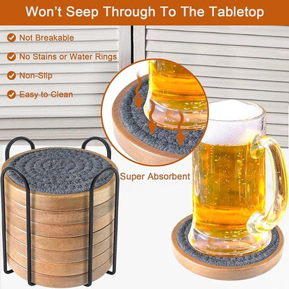 Coasters for Drinks Absorbent Sets of 8, Woven Coasters with Holder, Wood Coasters for Coffee Table, Housewarming Gift for Farmhouse Home Decor, 4 inches Gray