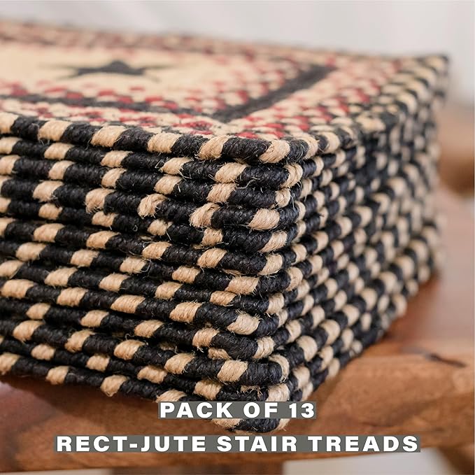 Homespice Primitive Star Gloucester Jute Braided Stair Tread, Warm Primitive Decor, Set of 13, Black and Red 8x28 Rectangle Rug for Stairs - Easy to Clean, Tightly Stitched and Durable