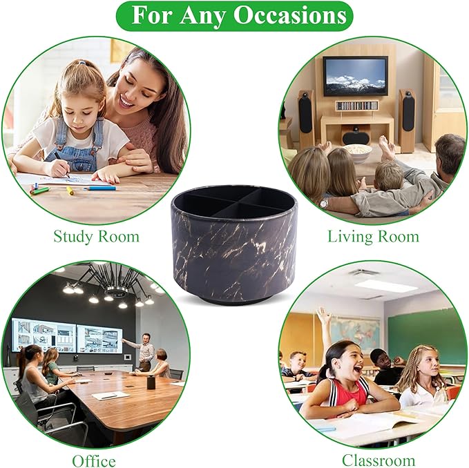 Round Leather Art Supply Organizer,Remote Control Holder,360-degree Rotating Pen Organizer with 4 Compartments(1-Marble Black Gold)
