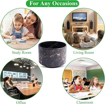 Round Leather Art Supply Organizer,Remote Control Holder,360-degree Rotating Pen Organizer with 4 Compartments(1-Marble Black Gold)