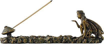 Top Collection Fairy and Mushroom Incense Holder-Hand Painted Mythical Creature with Bronze Finish Look - 10-Inch Collectible Figurine