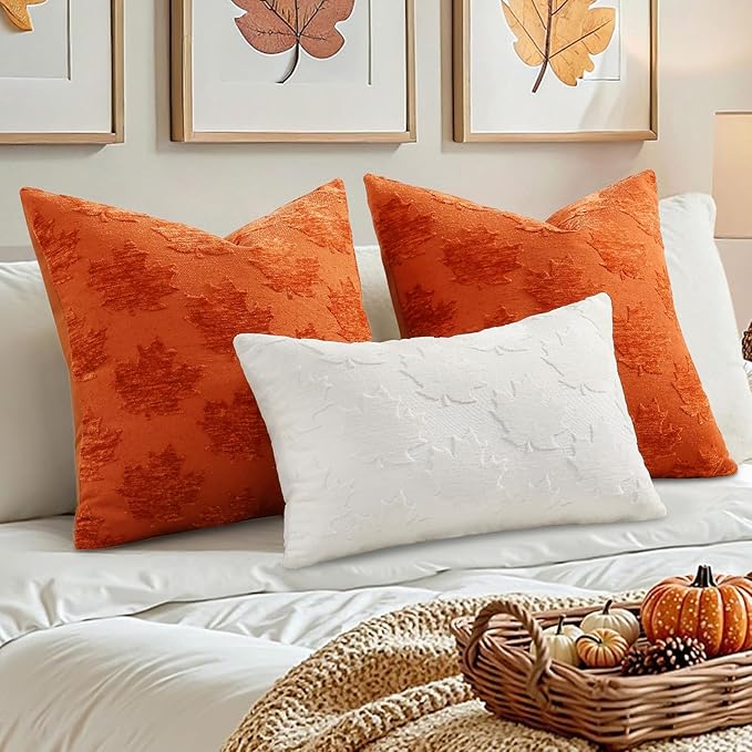 decorUhome Decorative Rust Maple Leaf Thanksgiving Throw Pillow Covers 18x18 Set of 2, Soft Chenille Jacquard Farmhouse Textured Pillow Covers for Couch Bed Sofa Autumn Harvest Halloween Holiday