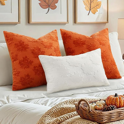 decorUhome Decorative Rust Maple Leaf Thanksgiving Throw Pillow Covers 18x18 Set of 2, Soft Chenille Jacquard Farmhouse Textured Pillow Covers for Couch Bed Sofa Autumn Harvest Halloween Holiday
