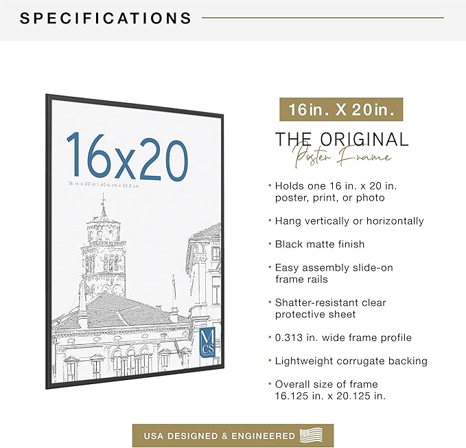 MCS Original Poster Frame 16x20 Black Lightweight Vertical & Horizontal Wall Hanging Large Picture Frame for Posters, Art Prints & Gallery Wall (1-Pack)