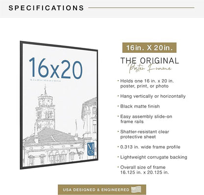 MCS Original Poster Frame 16x20 Black Lightweight Vertical & Horizontal Wall Hanging Large Picture Frame for Posters, Art Prints & Gallery Wall (1-Pack)