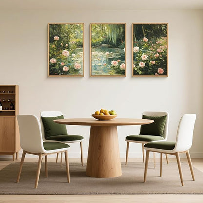Watercolor Flower Tree Framed Canvas Wall Art Set,Natural White Pink Rose Wildflower Wall Decor,Vintage Dark Green Botanical Artwork for Living Room, Bedroom,Farmhouse- 24"x36"x3
