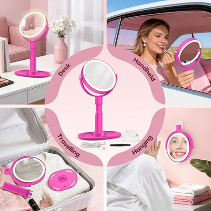 Makeup Mirror with Lights, 30X Magnifying & Height Adjustable, Lighted Magnifying Mirror with 3 Light Modes and Stepless Dimming, Vanity Mirrors for Bathroom, Birthday Gift for Women, Hotpink