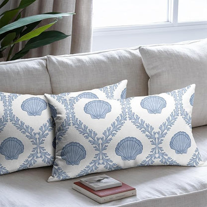 Light Blue Coastal Lumbar Pillow Covers 12x20 Set of 2 Ocean Coral Shell Outdoor Decorative Linen Summer Throw Pillows Cases with Zipper Cushion Cover Rustic Decoration Farmhouse Sofa Couch Bed Decor