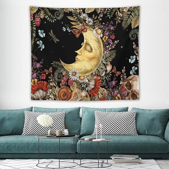 Boho Moon Tapestry Wall Hanging,Vintage Sun and Moon Skull Hippie Mushroom Floral Plant Tapestries for Dorm Living Room Bedroom Decor(50"x60")