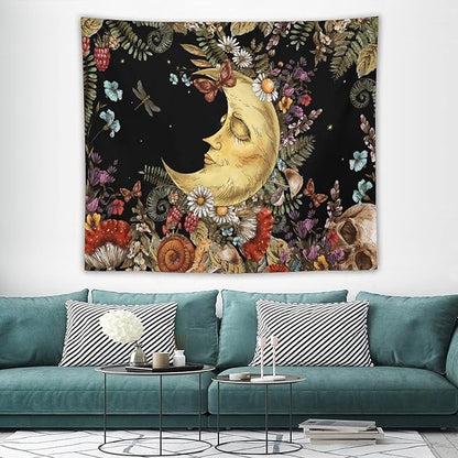 Boho Moon Tapestry Wall Hanging,Vintage Sun and Moon Skull Hippie Mushroom Floral Plant Tapestries for Dorm Living Room Bedroom Decor(50"x60")