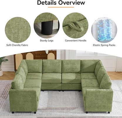 104'' U Shaped Modular Sofa, Sectional Couches with Storage for Living Room, Oversized 8 Seater Cloud Sectional Couch, Chenille Green