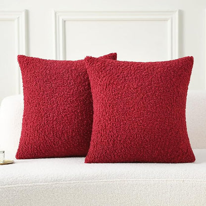 FUTEI Christmas Maroon Red Throw Pillow Covers 18x18 Inch Set of 2,Furry Faux Fur Teddy Boucle Textured Cushion Covers,Soft Fluffy Decorative Pillow Case,Home Decor for Couch Bed Living Room Car