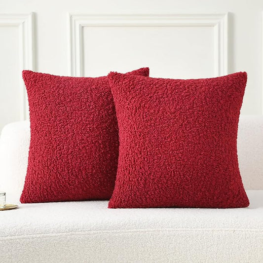 FUTEI Christmas Maroon Red Throw Pillow Covers 18x18 Inch Set of 2,Furry Faux Fur Teddy Boucle Textured Cushion Covers,Soft Fluffy Decorative Pillow Case,Home Decor for Couch Bed Living Room Car
