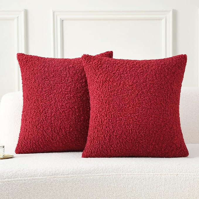 FUTEI Christmas Maroon Red Throw Pillow Covers 22x22 Inch Set of 2,Furry Faux Fur Teddy Boucle Textured Cushion Covers,Soft Fluffy Decorative Pillow Case,Home Decor for Couch Bed Living Room Car