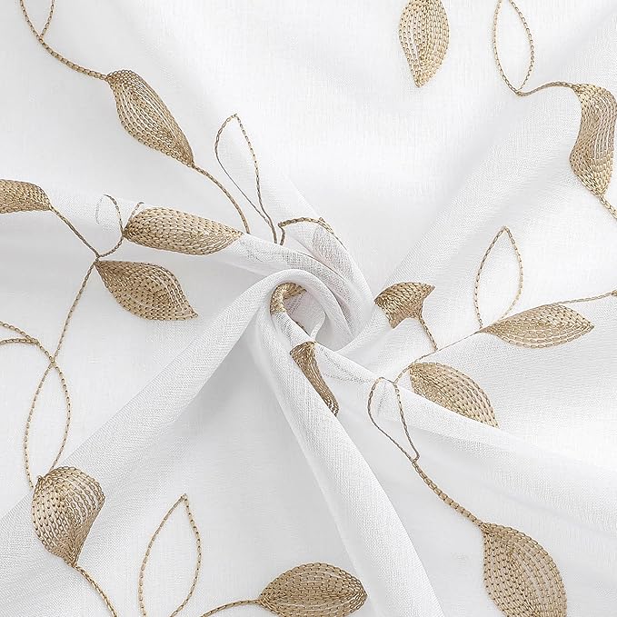 Tollpiz Taupe Leaf Sheer Curtain Leaves Embroidered Bedroom Curtains Rod Pocket Voile Window Treatments for Living Room, 38 x 63 inches Long, Set of 2 Panels