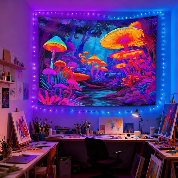 seewan Black Light Fantasy Mushroom Tapestry, Glow-in-the-Dark UV Neon Magic Forest Wall Hanging, Psychedelic Fantasy Nature Art Tapestry, Bedroom Dorm Living Room Background Decor