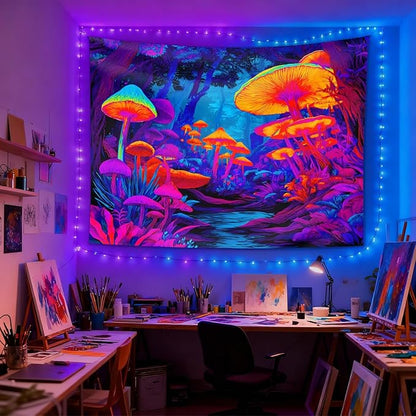 seewan Black Light Fantasy Mushroom Tapestry, Glow-in-the-Dark UV Neon Magic Forest Wall Hanging, Psychedelic Fantasy Nature Art Tapestry, Bedroom Dorm Living Room Background Decor