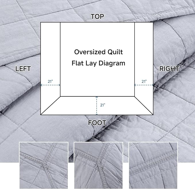 Quilt Oversized King Size Bedding Sets, 100% Cotton Lightweight Luxury Comforter Set, Oversized Extra Wide Stitching Bedspreads Coverlets with 2 Pillowcase Suitable for All Season, Grey
