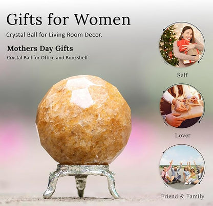 Crocon 50mm Camel Jasper Diamond Cut Stone Sphere Ball with Metal Stand 1400+ Carats Gemstone Ball Healing Ornament Rock Sphere Sculpture Figurine for Fengshui Divination Crystal Home Decor