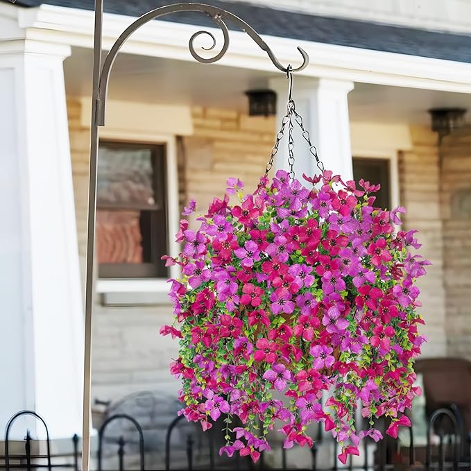 Artificial Hanging Flowers Plants with Basket for Outdoors, Realistic Faux Silk Daisy Flower Eucalyptus for Spring Decor, UV Resistant Fake Plants for Porch Patio Yard Balcony, Purple Violet