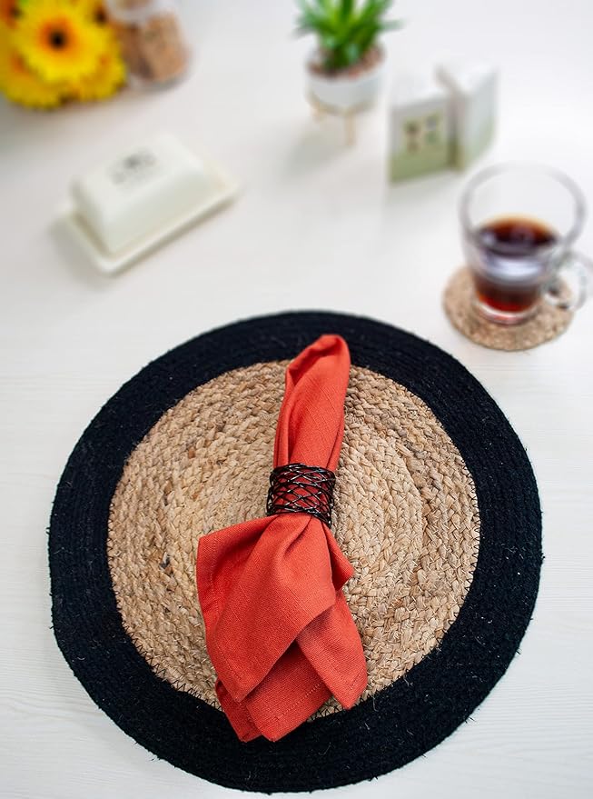 Chardin home Round Verona Woven Jute & Cotton Braided PLACEMAT (Set of 4), Size -15” Round, Color - Natural Jute with Black Border.