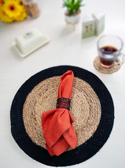 Chardin home Round Verona Woven Jute & Cotton Braided PLACEMAT (Set of 4), Size -15” Round, Color - Natural Jute with Black Border.