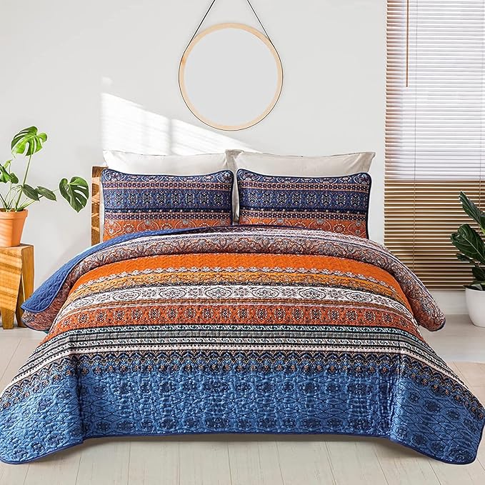 WONGS BEDDING Boho Fall Quilt Full Size, 3 Pieces Orange Blue Bohemian Lightweight Microfiber Bed Decor Bedspread for All Season 78"x90" (Blue Orange, Full)