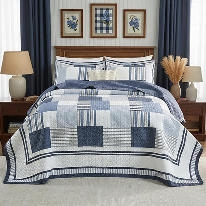 100% Cotton 120"x120" Oversized Quilt Bedspread, Plaid Patchwork California King Extra Large Quilt Bedding Set, Reversible Cal King XL Bed Spread Lightweight Comforter, Blue, 3Pcs