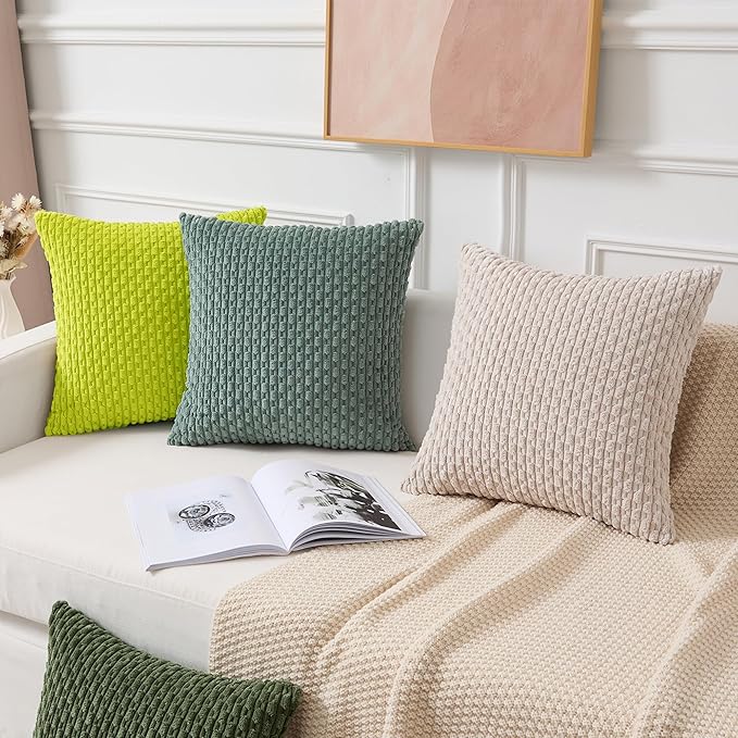 Kevin Textile Decorative Pillow Covers Set of 2 Striped Plush Corduroy Pillows Pillowcases Boho Home Decor Cushion Covers for Couch Sofa Bed Living Room 26x26 Inch, Christmas Green