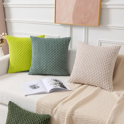 Kevin Textile Decorative Pillow Covers Set of 2 Striped Plush Corduroy Pillows Pillowcases Boho Home Decor Cushion Covers for Couch Sofa Bed Living Room 26x26 Inch, Christmas Green
