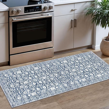 Vintage Floral 2x5 Runner Rug, Light Blue White Washable Kitchen Runner Rug Non-Slip Hallway Rug Runner Super Soft Thin Printed Faux Wool Carpet for Entryway Bedroom Bedside Laundry Room Indoor