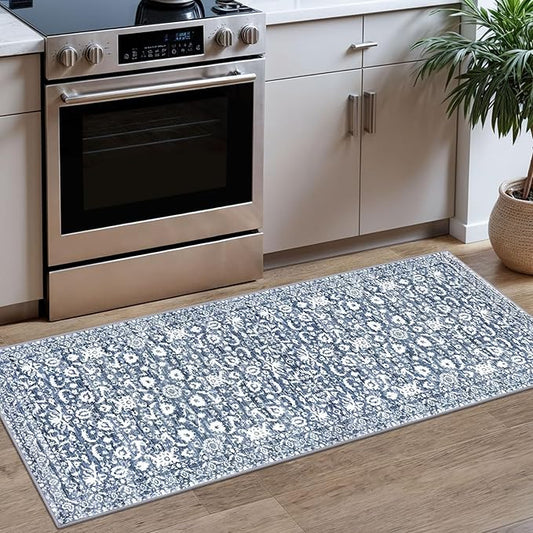 Vintage Floral 2x5 Runner Rug, Light Blue White Washable Kitchen Runner Rug Non-Slip Hallway Rug Runner Super Soft Thin Printed Faux Wool Carpet for Entryway Bedroom Bedside Laundry Room Indoor