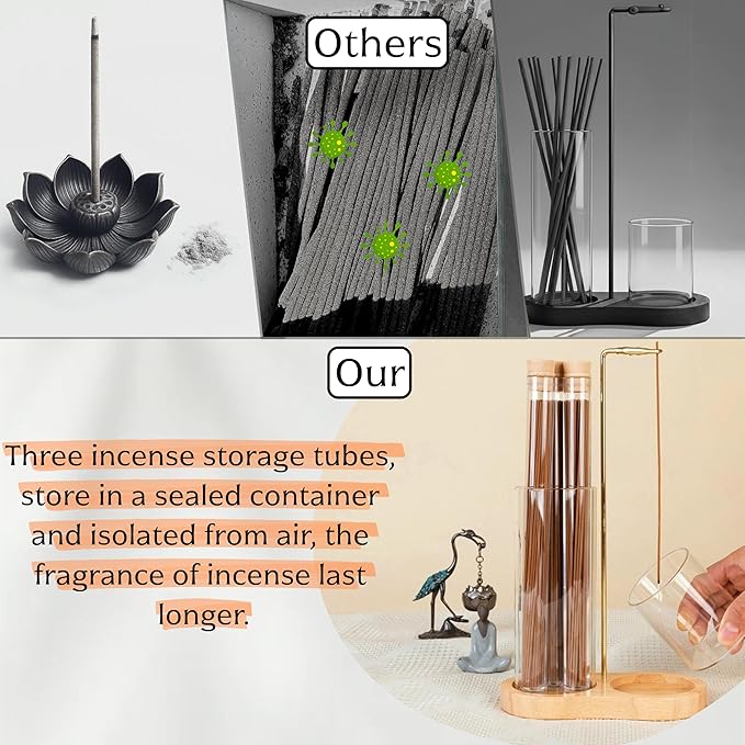 Incense Holder with Ash Catcher,2 in 1 Incense Burner for Sticks,Wooden Anti-ash Incense Stand Set with 3 Acrylic Tubes Birthday Gift for Women Mother Girl Friend Meditation Yoga Spa Home Office