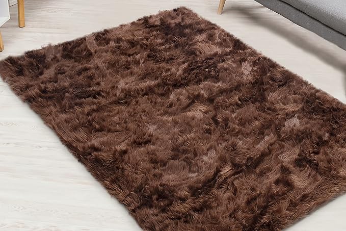 Silky Soft Faux Fur Rug, 8 ft. x 10 ft. Brown Fluffy Rug, Sheepskin Area Rug, Rectangle Rug for Living Room, Bedroom, Kid's Room, or Nursery, Home Décor Accent, Machine Washable with Non-Slip Backing