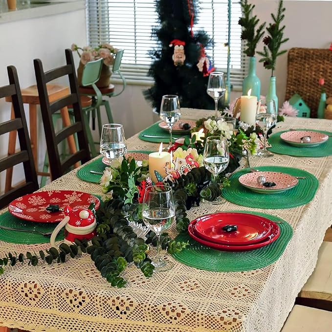 Noctiflorous Oval Braided Placemats Set of 6 Woven 12x18 Inch Non Slip Washable Heat Resistant Place Mats Round Tablemats for Dining Kitchen Party Daily Table Decor Dinner Mats (Green Shine, 6)