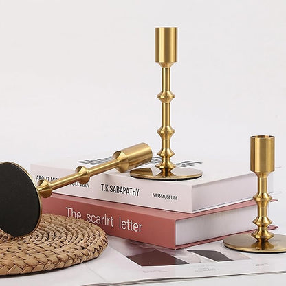 Gold Candle Holders,Modern Candle Stick Holders for Table Mantel Wedding Housewarming, Set of 3 Metal Brass Candlestick Holder