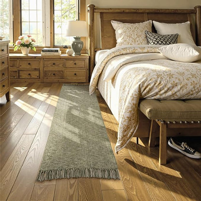 Collive Long Carpet Runners for Hallway 2.6x8ft, Washable Cotton Woven Kitchen Runner Rugs Low-Profile Entryway Rug, Natural/Green Modern Front Door Floor Carpet for Laundry Room Bedroom Doorway