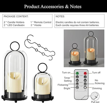 5"&4" Metal Candle Holder with Handmade Glass Dome in Brass & 2 Timer Candles, Set of 2 Versatile Hurricane Glass Candle Holders for Pillar Candles & Plants