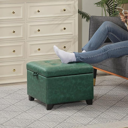 Adeco Green Faux Leather Storage Ottoman with Hinged Lid, 14" Green Square Cube Foot Stool with Storage, Upholstered Vanity Stool with Black Solid Wood Legs for Living Room, Bedroom