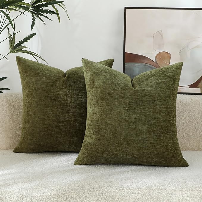 Sage Green Chenille Decorative Couch Throw Pillow Covers, Soft Cushion Cases for Home Livingroom Sofa Décor, Pack of 2, 18 x 18 Inches