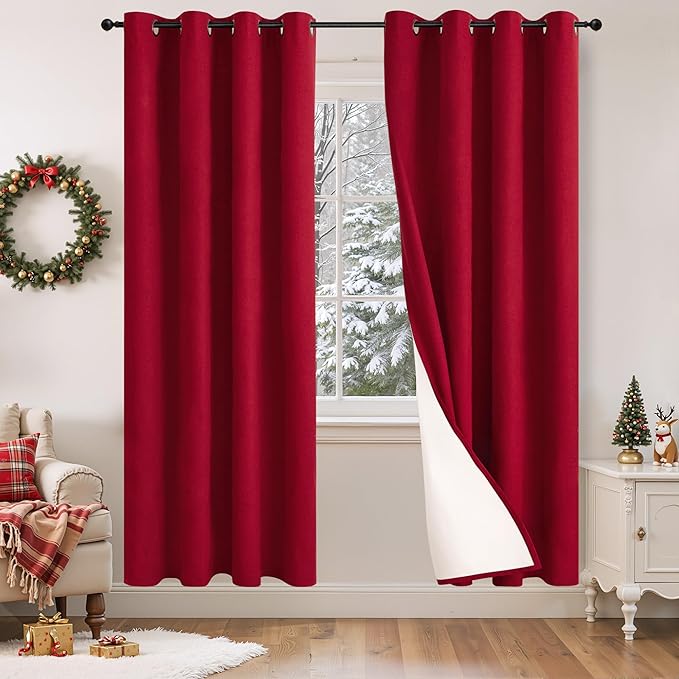 Lajode Linen Blackout Curtains for Christmas 72 Inch Long, 100% Black Out Red Thermal Curtains for Bedroom Winter Decor, Thick Heavy Insulated Window Drapery for Nursery, Each 52x72 Inch 2 Panels