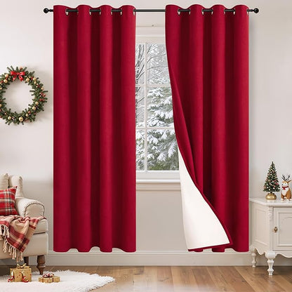 Lajode Linen Blackout Curtains for Christmas 72 Inch Long, 100% Black Out Red Thermal Curtains for Bedroom Winter Decor, Thick Heavy Insulated Window Drapery for Nursery, Each 52x72 Inch 2 Panels