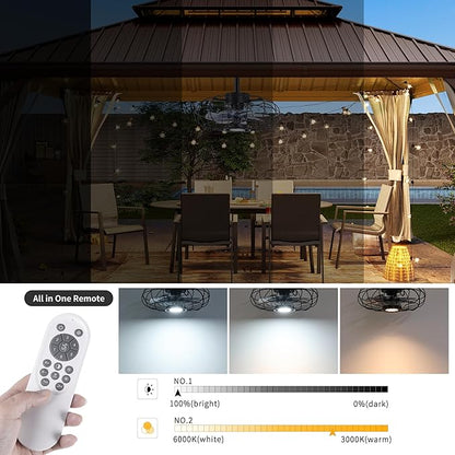 15" Outdoor Ceiling Fan with Light, with Remote and App Remote, IP65 Waterproof Gazebo Hanging Fan, 3CCT Dimmable, Portable Plug in Ceiling Fan with Cord Hook for Patio Porch Pergola Indoor(Black)