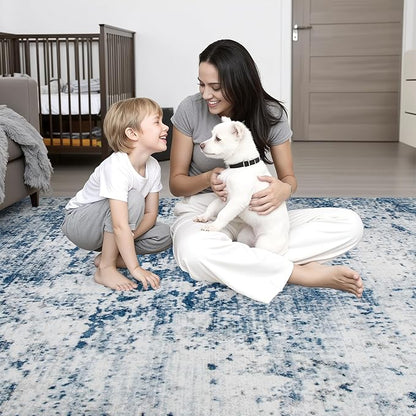 8x10 Area Rug Living Room Rug: Washable Modern Abstract Soft Thin Rug Indoor Floor No Slip Stain Resistant Carpet for Bedroom Dining Room Farmhouse Nursery Home Office - Blue