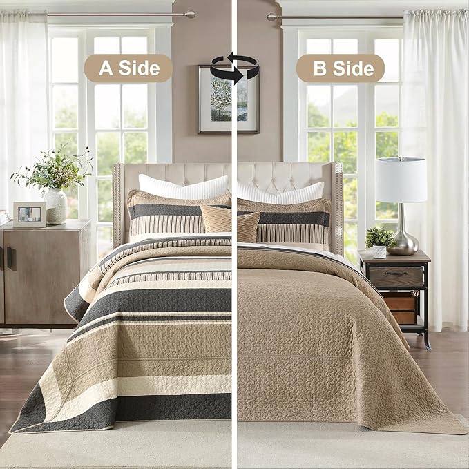 Finlonte Bedspread King Size 100% Cotton Oversized King Size Bedspreads Charcoal Brown Beige Extra Super King Quilted Bed Spread Striped Farmhouse Lightweight Soft Bedding Set for All Season, 3 Piece