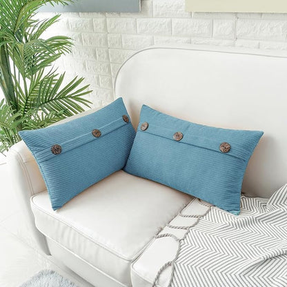 HWY 50 Smoke Blue Chenille Throw Pillow Covers 12x20 Inch with Triple Buttons, Soft Farmhouse Accent Decorative Cushion Cases for Couch Sofa Bed Living Room Pack of 2 Rectangle