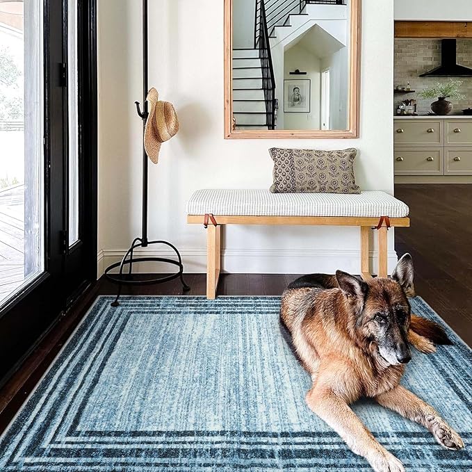 Lahome Modern Abstract 3x5 Rug,Washable Blue Throw Rugs for Entryway Indoor Non-Slip,Low-Pile Soft Area Rug Minimalist Bordered Carpet for Kitchen Bathroom Bedroom